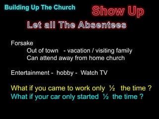 Forsake
     Out of town - vacation / visiting family
     Can attend away from home church

Entertainment - hobby - Watch TV

What if you came to work only ½ the time ?
What if your car only started ½ the time ?
 