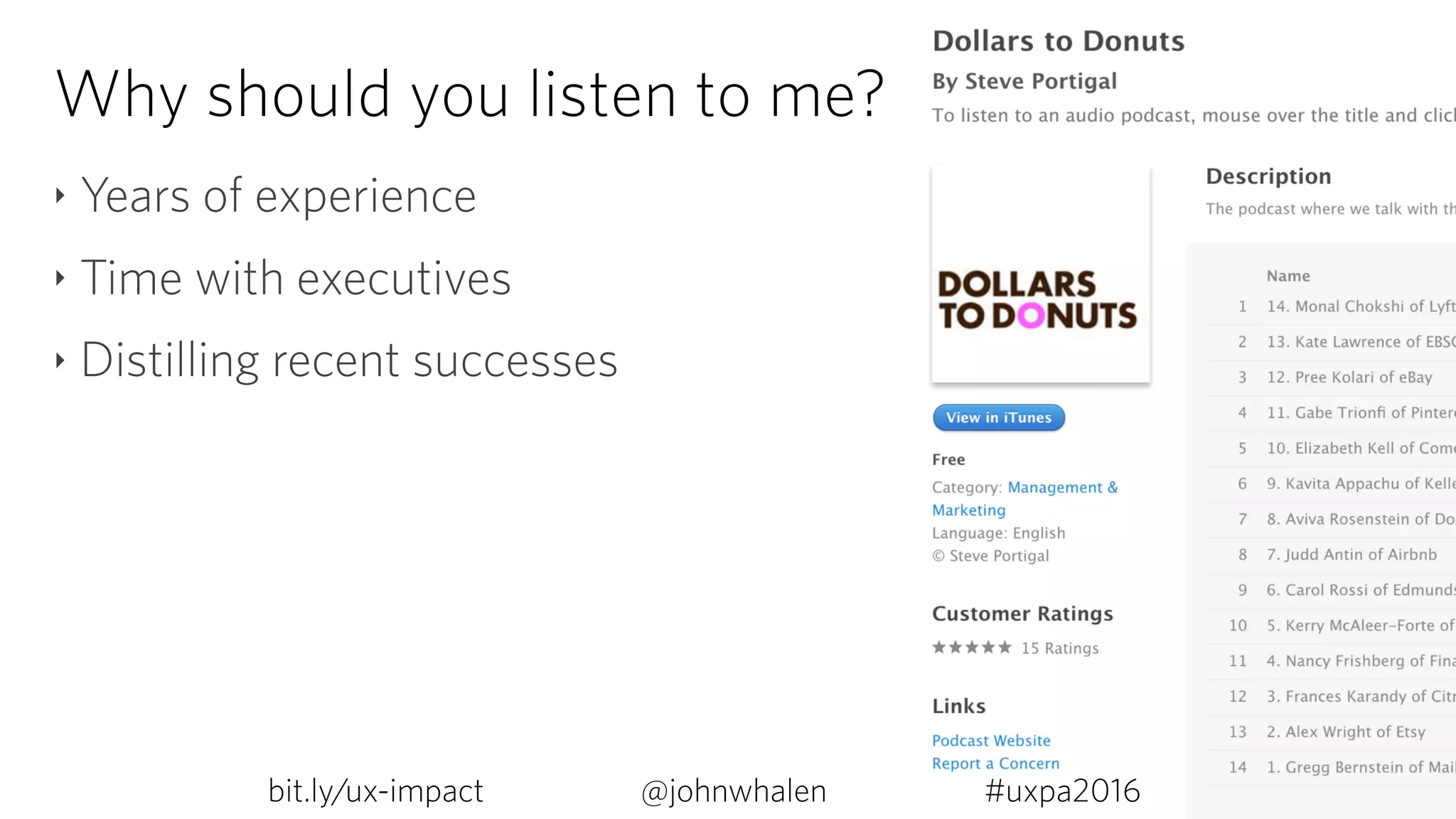 Why should you listen to me?
‣ Years of experience
‣ Time with executives
‣ Distilling recent successes
bit.ly/ux-impact #uxpa2016@johnwhalen
 