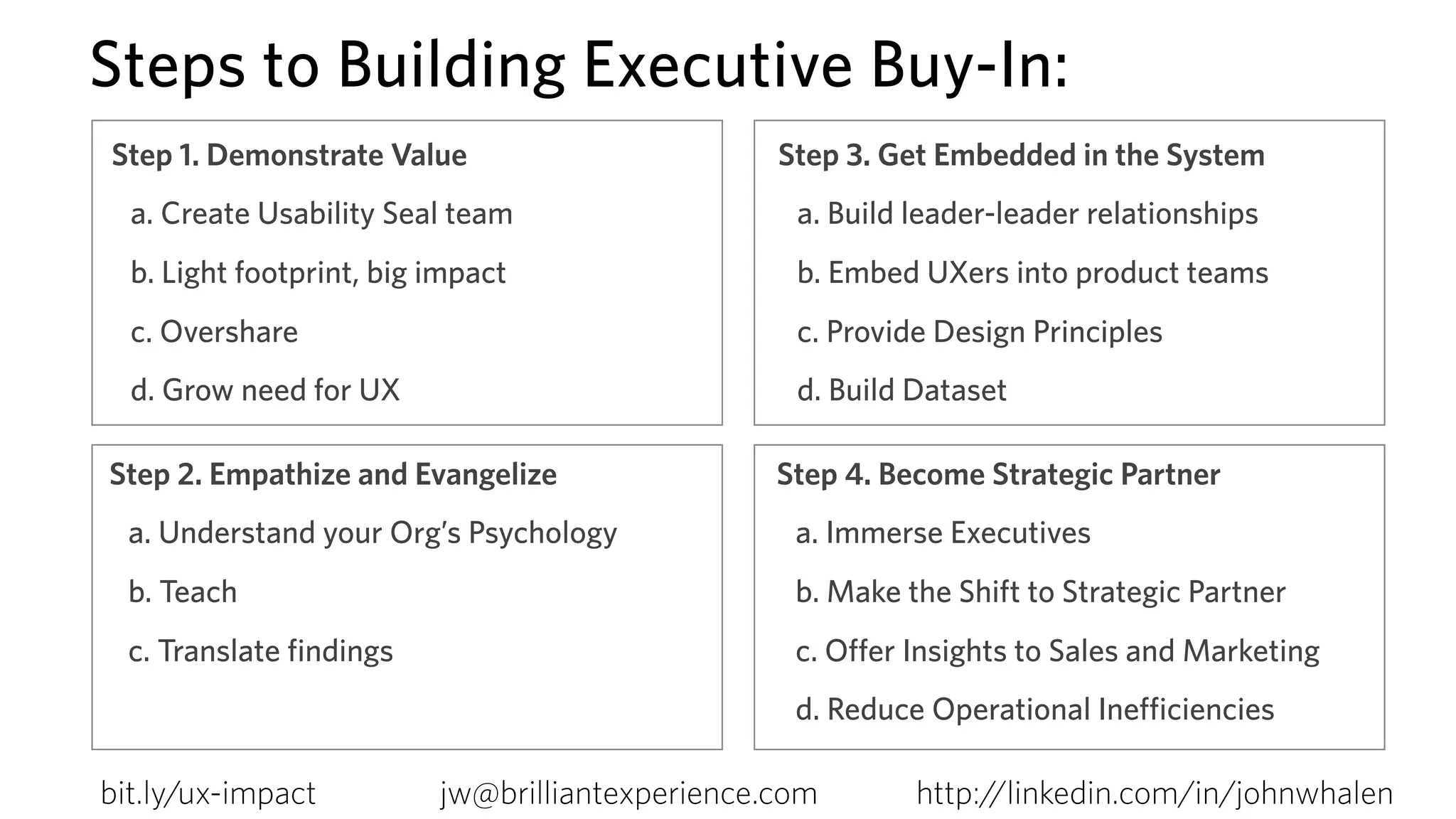 Steps to Building Executive Buy-In:
bit.ly/ux-impact http://linkedin.com/in/johnwhalenjw@brilliantexperience.com
Step 1. Demonstrate Value
a. Create Usability Seal team
b. Light footprint, big impact
c. Overshare
d. Grow need for UX
Step 2. Empathize and Evangelize
a. Understand your Org’s Psychology
b. Teach
c. Translate findings
Step 3. Get Embedded in the System
a. Build leader-leader relationships
b. Embed UXers into product teams
c. Provide Design Principles
d. Build Dataset
Step 4. Become Strategic Partner
a. Immerse Executives
b. Make the Shift to Strategic Partner
c. Offer Insights to Sales and Marketing
d. Reduce Operational Inefficiencies
 