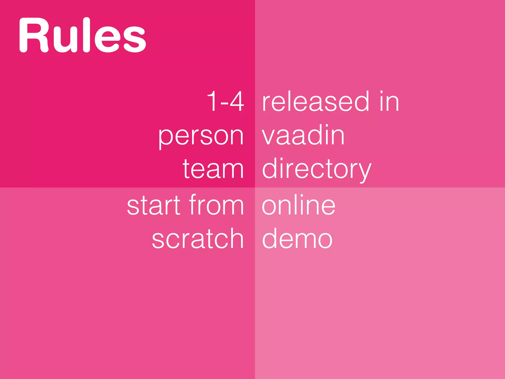 Rules
1-4
person
team
start from
scratch
released in
vaadin
directory
online
demo
 