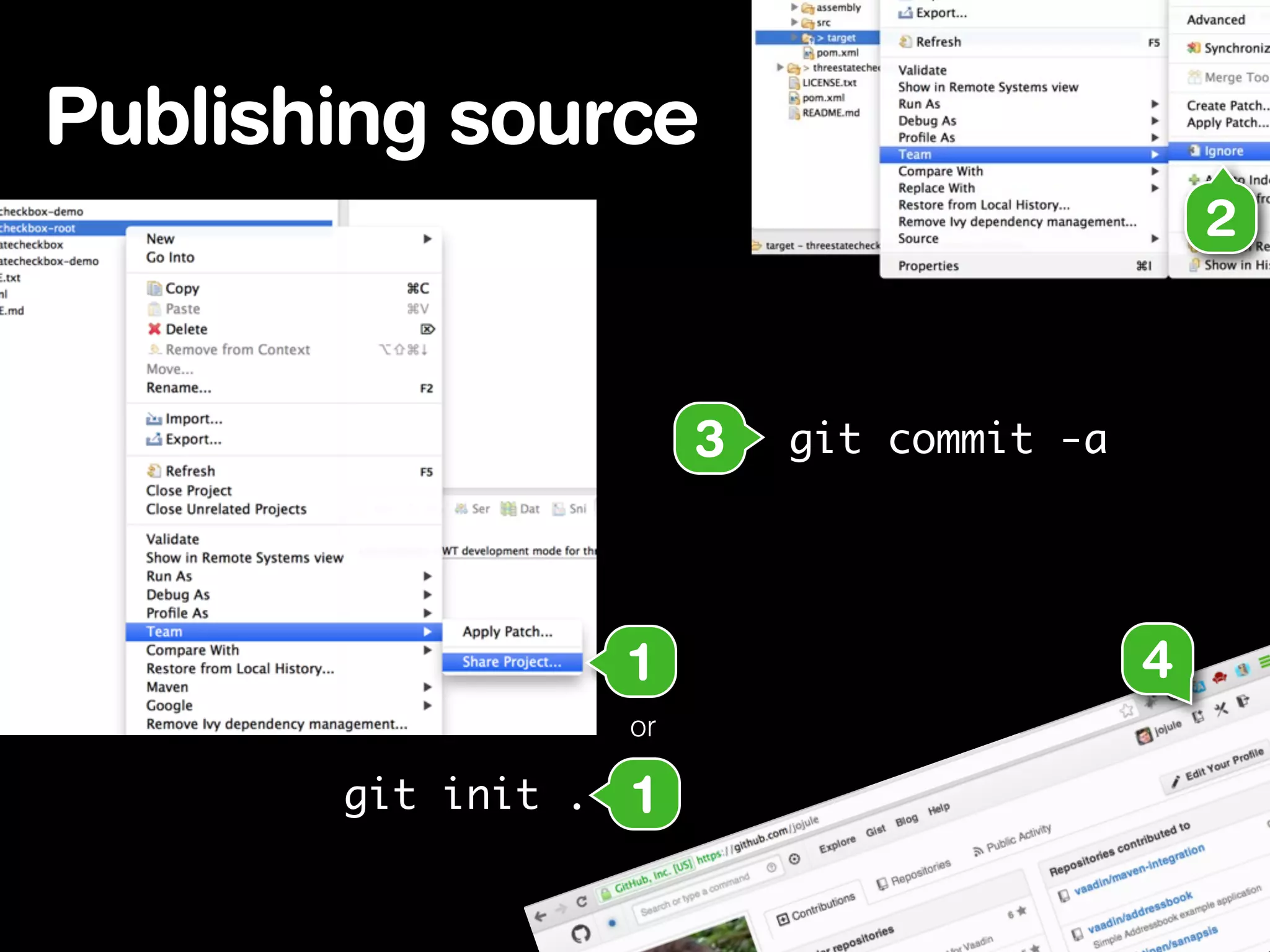 Publishing source
1
3
git init . 1
or
2
git commit -a
4
 
