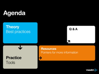 Q & A
Resources
Pointers for more information
Theory
Best practices
Practice
Tools
Agenda
 