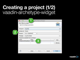 Creating a project (1/2)
vaadin-archetype-widget
1
3
2
 