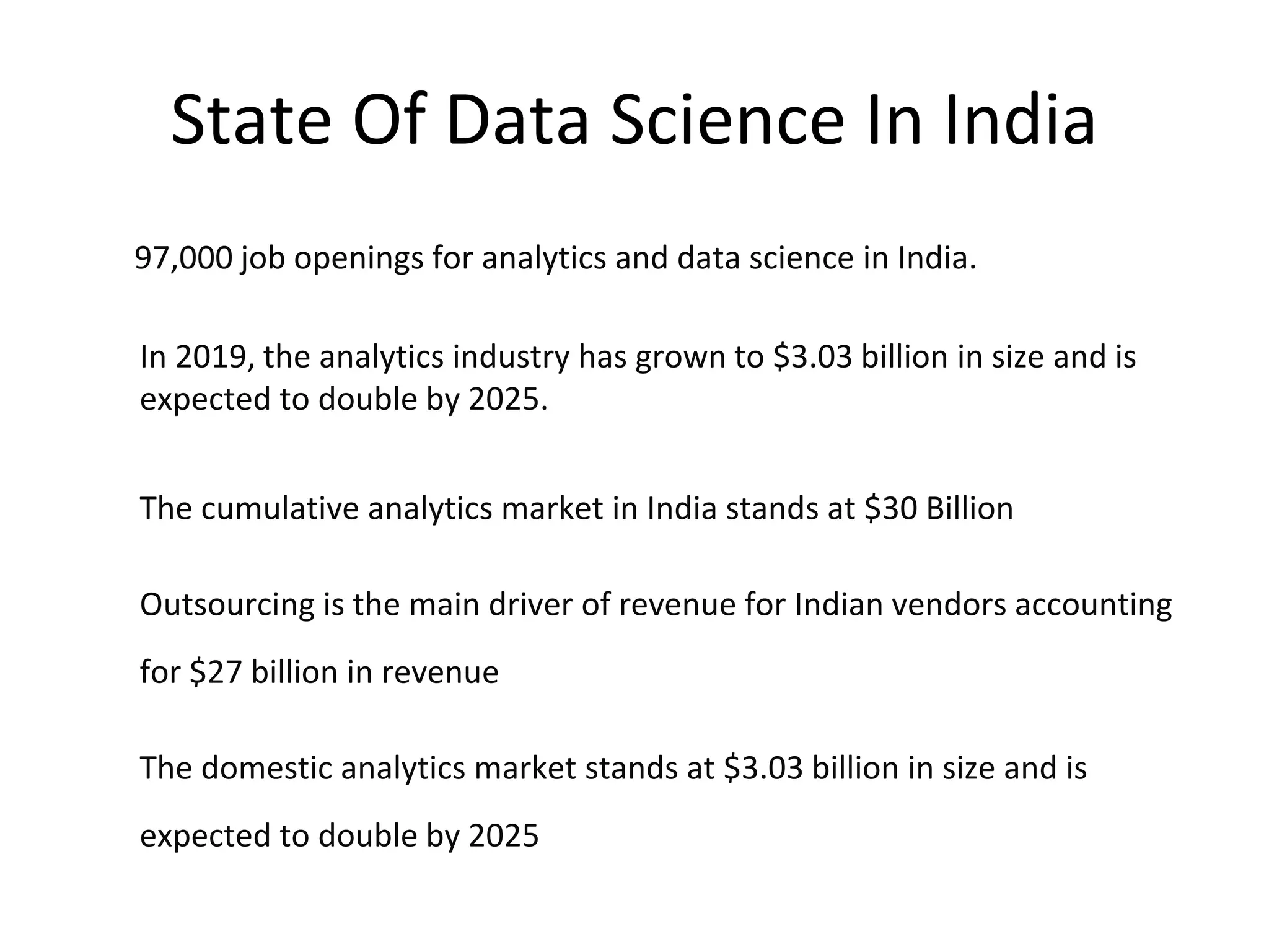 State Of Data Science In India
97,000 job openings for analytics and data science in India.
In 2019, the analytics industry has grown to $3.03 billion in size and is
expected to double by 2025.
The cumulative analytics market in India stands at $30 Billion
Outsourcing is the main driver of revenue for Indian vendors accounting
for $27 billion in revenue
The domestic analytics market stands at $3.03 billion in size and is
expected to double by 2025
 