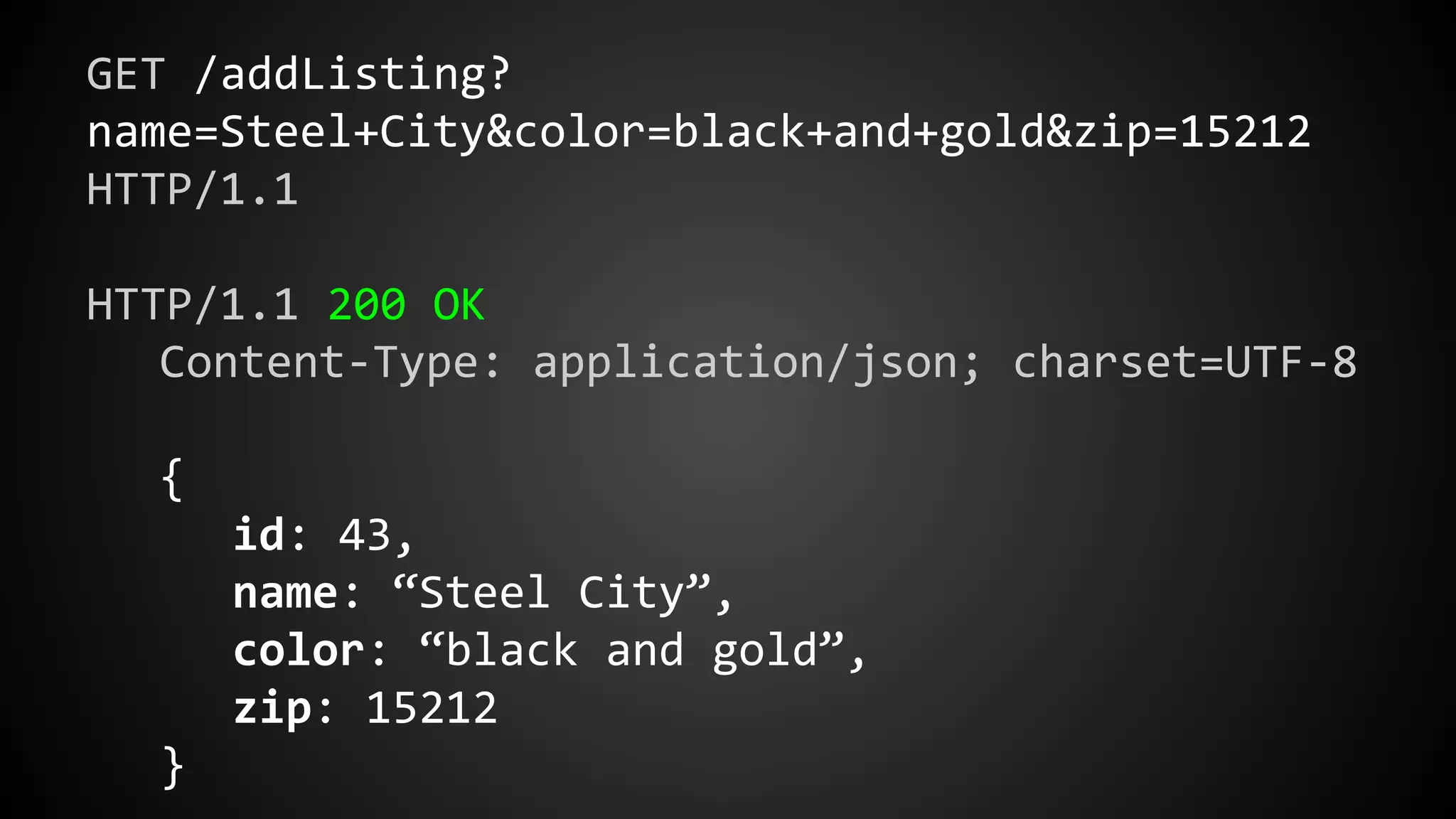 GET /addListing?
name=Steel+City&color=black+and+gold&zip=15212
HTTP/1.1
HTTP/1.1 200 OK
Content-Type: application/json; charset=UTF-8
{
id: 43,
name: “Steel City”,
color: “black and gold”,
zip: 15212
}
 