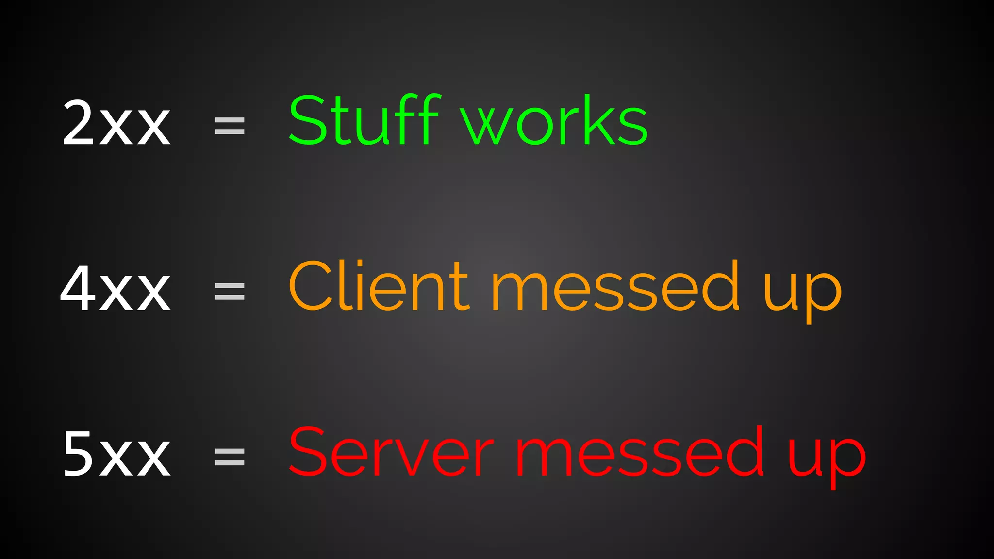 2xx = Stuff works
4xx = Client messed up
5xx = Server messed up
 