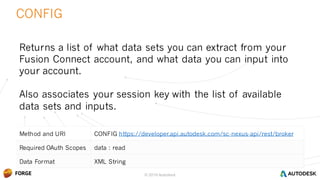 © 2016 Autodesk
Method and URI CONFIG https://developer.api.autodesk.com/sc-nexus-api/rest/broker
Required OAuth Scopes data : read
Data Format XML String
CONFIG
© 2016 Autodesk
Returns a list of what data sets you can extract from your
Fusion Connect account, and what data you can input into
your account.
Also associates your session key with the list of available
data sets and inputs.
 