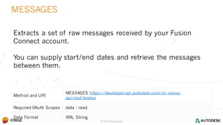 © 2016 Autodesk
Method and URI
MESSAGES https://developer.api.autodesk.com/sc-nexus-
api/rest/broker
Required OAuth Scopes data : read
Data Format XML String
MESSAGES
© 2016 Autodesk
Extracts a set of raw messages received by your Fusion
Connect account.
You can supply start/end dates and retrieve the messages
between them.
 