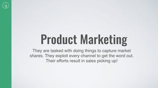 Product Marketing
They are tasked with doing things to capture market
shares. They exploit every channel to get the word out.
Their efforts result in sales picking up!
 