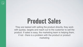 Product Sales
They are tasked with selling the product directly, they work
with quotas, targets and reach out to the customer to sell the
product. If sales is easy, the marketing team is helping them,
if not - there is a problem with the product or product
marketing
 