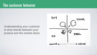 The customer behavior
Understanding your customer
is what stands between your
product and the market share
 