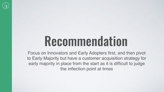 Recommendation
Focus on Innovators and Early Adopters ﬁrst, and then pivot
to Early Majority but have a customer acquisition strategy for
early majority in place from the start as it is difﬁcult to judge
the inﬂection point at times
 