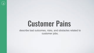 Customer Pains
describe bad outcomes, risks, and obstacles related to
customer jobs.
 