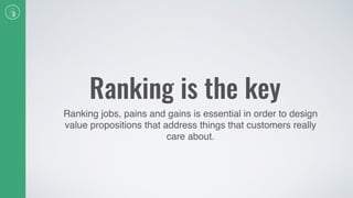 Ranking is the key
Ranking jobs, pains and gains is essential in order to design
value propositions that address things that customers really
care about.
 
