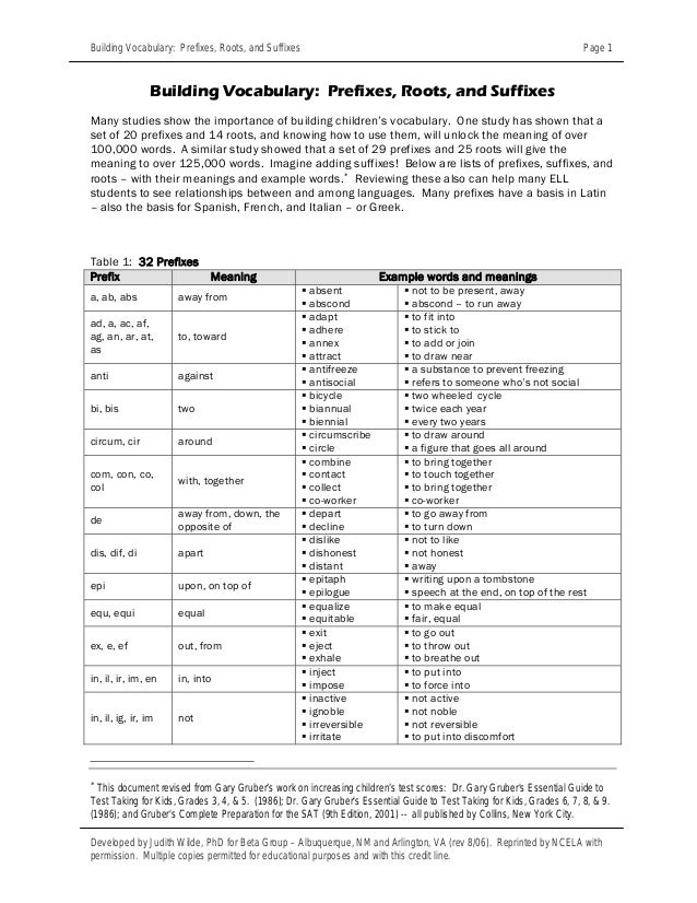Building vocabulary prefixes roots and suffixes