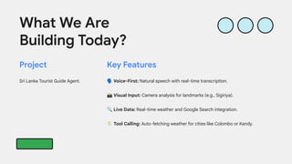Key Features
🗣 Voice-First: Natural speech with real-time transcription.
📸 Visual Input: Camera analysis for landmarks (e.g., Sigiriya).
🔍 Live Data: Real-time weather and Google Search integration.
🌦 Tool Calling: Auto-fetching weather for cities like Colombo or Kandy.
Project
Sri Lanka Tourist Guide Agent.
What We Are
Building Today?
 