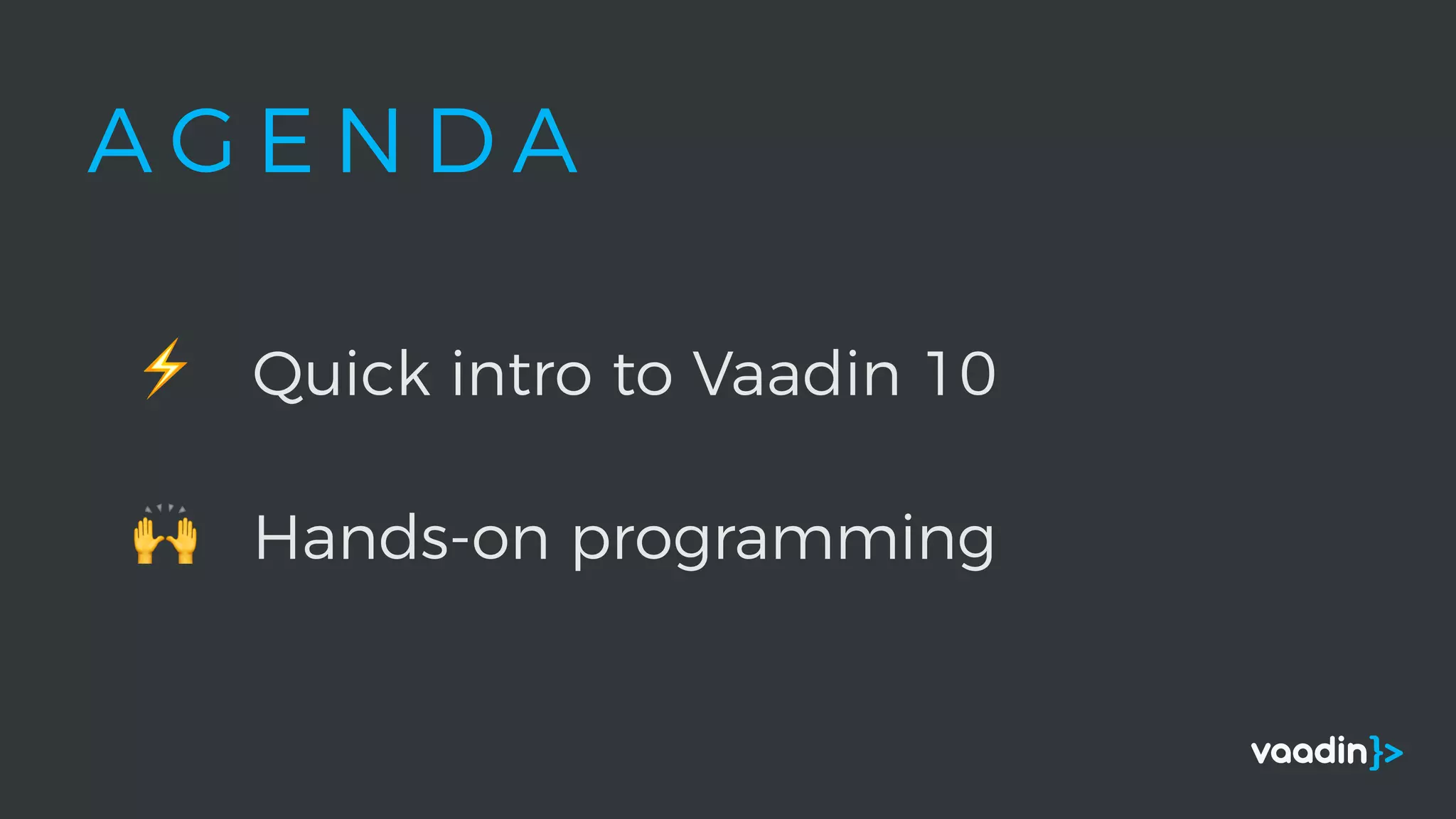 A G E N D A
⚡ Quick intro to Vaadin 10
🙌 Hands-on programming
 