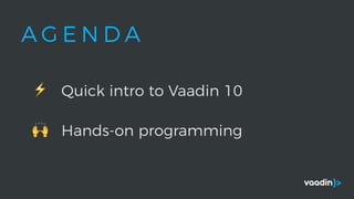 A G E N D A
⚡ Quick intro to Vaadin 10
🙌 Hands-on programming
 