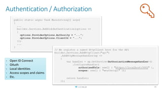 Authentication / Authorization
34
- Open ID Connect
- OAuth
- Local identities
- Access scopes and claims
- Etc.
 