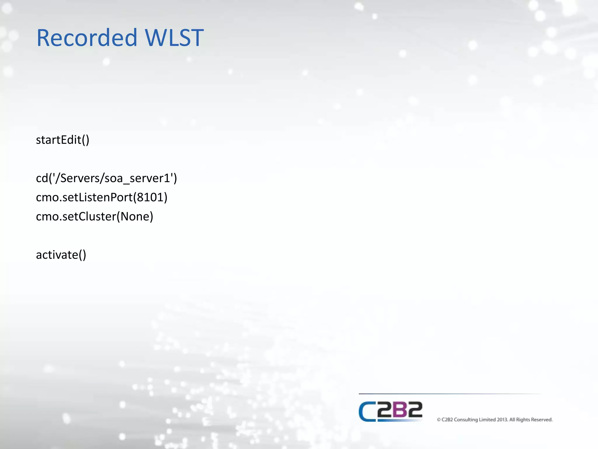 Recorded WLST 
startEdit() 
cd('/Servers/soa_server1') 
cmo.setListenPort(8101) 
cmo.setCluster(None) 
activate() 
 