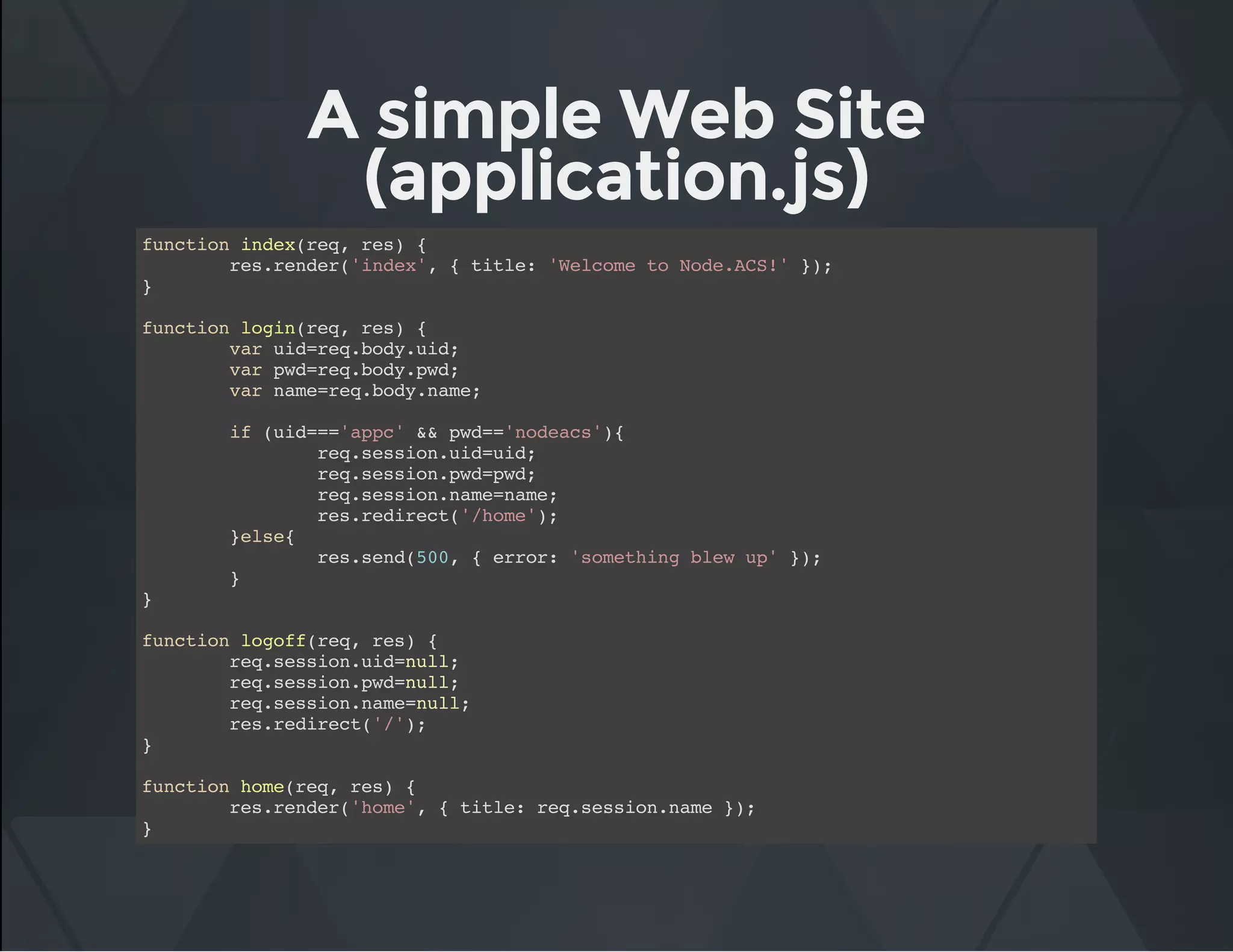 A simple Web Site
(application.js)
function index(req, res) {
res.render('index', { title: 'Welcome to Node.ACS!' });
}
function login(req, res) {
var uid=req.body.uid;
var pwd=req.body.pwd;
var name=req.body.name;
if (uid==='appc' && pwd=='nodeacs'){
req.session.uid=uid;
req.session.pwd=pwd;
req.session.name=name;
res.redirect('/home');
}else{
res.send(500, { error: 'something blew up' });
}
}
function logoff(req, res) {
req.session.uid=null;
req.session.pwd=null;
req.session.name=null;
res.redirect('/');
}
function home(req, res) {
res.render('home', { title: req.session.name });
}
 