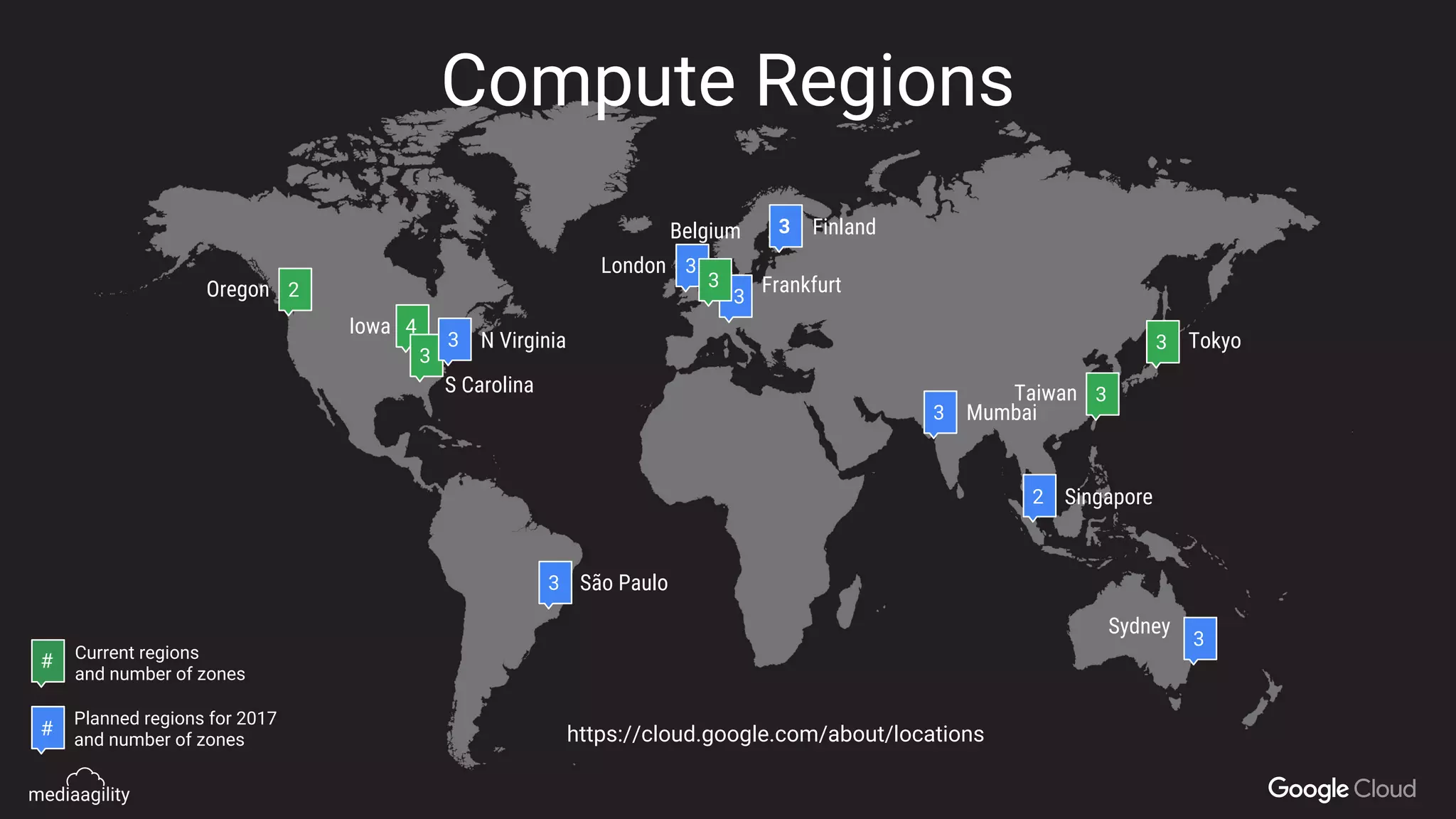 Current regions
and number of zones
Planned regions for 2017
and number of zones
#
#
3
3
Singapore2
S Carolina
N Virginia
Belgium
London
Tokyo
Taiwan
Mumbai
Sydney
Oregon
Iowa
Frankfurt
São Paulo
Finland
3
3
3
3
3
3
2
4
3
3
3
Compute Regions
https://cloud.google.com/about/locations
 