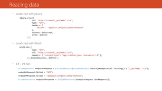 Reading data
• JavaScript with jQuery
jQuery.ajax({
url: "http://siteurl/_api/web/lists",
type: "GET",
headers: {
"ACCEPT": "application/json;odata=verbose“
},
success: doSuccess,
error: doError
});
• JavaScript with WinJS
WinJS.xhr({
type: "GET",
url: "http://siteurl/_api/web/lists",
headers: { "content-type": "application/json; charset=utf-8" },
}).done(doSuccess, doError);
• C# - VB.NET
HttpWebRequest endpointRequest = (HttpWebRequest)HttpWebRequest.Create(sharepointUrl.ToString() + "/_api/web/lists");
endpointRequest.Method = "GET";
endpointRequest.Accept = "application/json;odata=verbose";
HttpWebResponse endpointResponse = (HttpWebResponse)endpointRequest.GetResponse();
 
