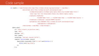 Code sample
var soapEnv = "<soap:Envelope xmlns:soap='http://schemas.xmlsoap.org/soap/envelope/'> <soap:Body> 
<GetListItems xmlns='http://schemas.microsoft.com/sharepoint/soap/'>
<listName>Announcements</listName><query><Query><Where><Eq><FieldRef Name='Title'/>
<Value Type='Text'>Test Announcement</Value></Eq></Where></Query></query>
<viewFields><ViewFields>
<FieldRef Name='Title' /> <FieldRef Name='Body' /> <FieldRef Name='Expires' />
</ViewFields></viewFields> <rowLimit>99999</rowLimit>
<queryOptions xmlns:SOAPSDK9='http://schemas.microsoft.com/sharepoint/soap/'
><QueryOptions/></queryOptions>
</GetListItems> </soap:Body> </soap:Envelope>";
jQuery.ajax({
url: "http://siteurl/_vti_bin/lists.asmx",
type: "POST",
dataType: "xml",
data: soapEnv,
contentType: "text/xml; charset="utf-8"",
complete: function(xData, status){
jQuery(xData.responseXML).find("z:row").each(function () {
$(this).attr("ows_Title");
});
} });
 