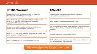 Versus 
HTML5/JavaScript
JavaScript and HTML is more comfortable for SharePoint
Developers than the XAML and Silverlight
Since Windows 8 App uses the Internet Explorer 10 engine for
HTML5/CSS, then easy to port the current SharePoint
App/ASPX/HTML to Windows 8 App.
Create a cross-platform application that can easily become a
mobile app or even a SharePoint app (Re-use)
HTML5/CSS is easy to use, branding, design and get support from
other team, community, Internet…
HTML5 is the future so it's best to always be up to date.
XAML/C#
Object Oriented Programming: Unit Testing, inheritance,
polymorphism, architectural reuse…
Reuse the .NET Libraries for your Windows 8 App
Easy to port the current XAML app to Windows 8 App such as: Xbox,
Windows Phone, Windows Embedded, Windows Desktop,
Silverlight…
Strong in Animations, Transitions and Effects
XAML is Resolution Independence and vector-based, can leverage
GPU acceleration and scale indefinitely
“Liệu cơm gắp mắm, Tùy app chọn code”
 