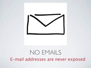 NO EMAILS
E-mail addresses are never exposed
 