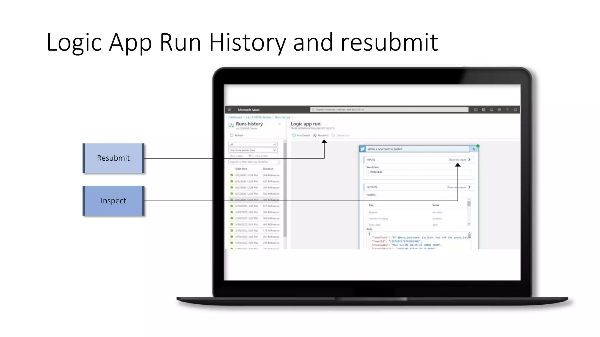 Logic App Run History and resubmit
Resubmit
Inspect
 