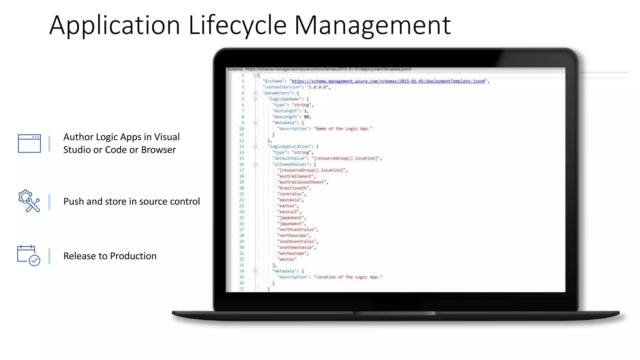 Application Lifecycle Management
Push and store in source control
Release to Production
Author Logic Apps in Visual
Studio or Code or Browser
 