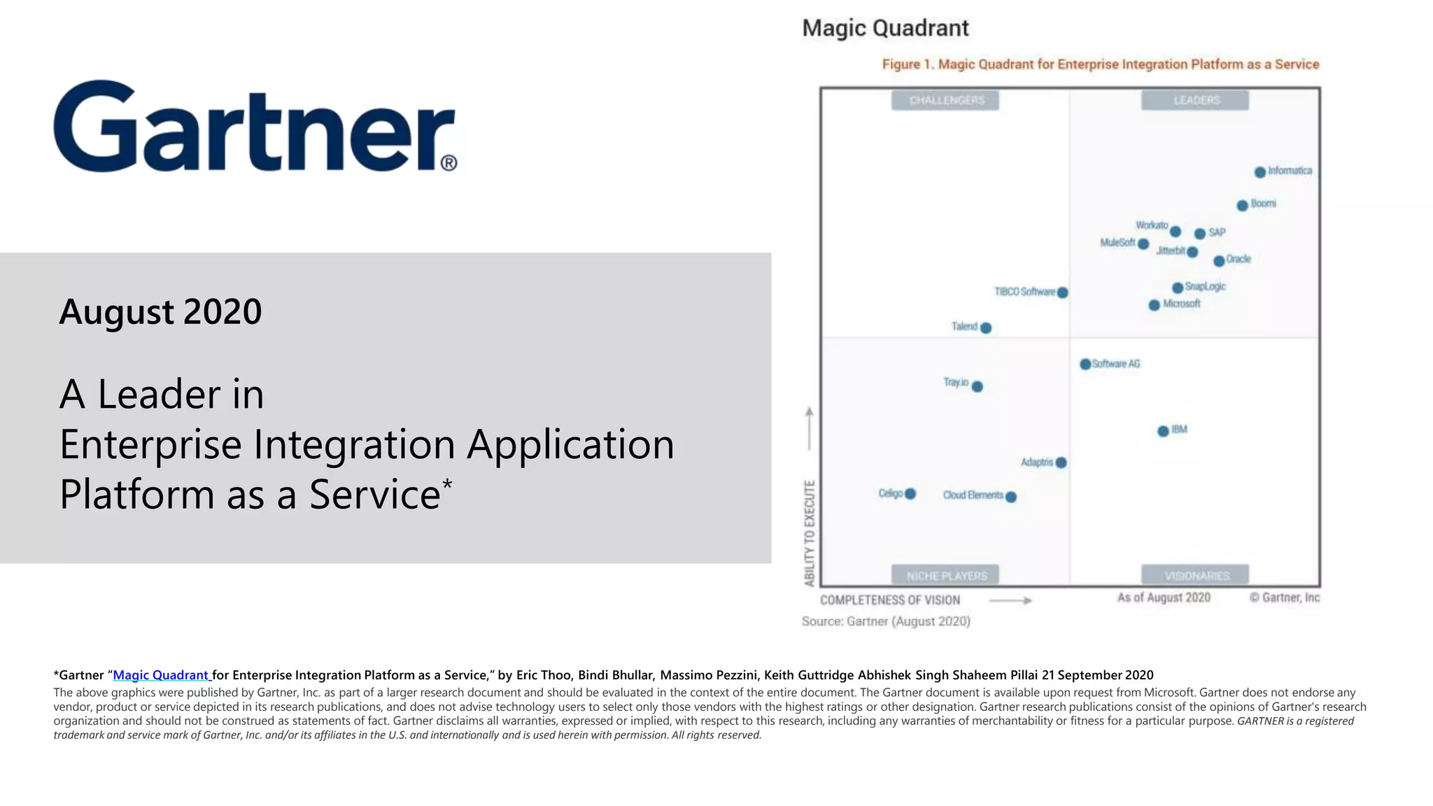 August 2020
A Leader in
Enterprise Integration Application
Platform as a Service*
*Gartner “Magic Quadrant for Enterprise Integration Platform as a Service,” by Eric Thoo, Bindi Bhullar, Massimo Pezzini, Keith Guttridge Abhishek Singh Shaheem Pillai 21 September 2020
The above graphics were published by Gartner, Inc. as part of a larger research document and should be evaluated in the context of the entire document. The Gartner document is available upon request from Microsoft. Gartner does not endorse any
vendor, product or service depicted in its research publications, and does not advise technology users to select only those vendors with the highest ratings or other designation. Gartner research publications consist of the opinions of Gartner's research
organization and should not be construed as statements of fact. Gartner disclaims all warranties, expressed or implied, with respect to this research, including any warranties of merchantability or fitness for a particular purpose. GARTNER is a registered
trademark and service mark of Gartner, Inc. and/or its affiliates in the U.S. and internationally and is used herein with permission. All rights reserved.
 
