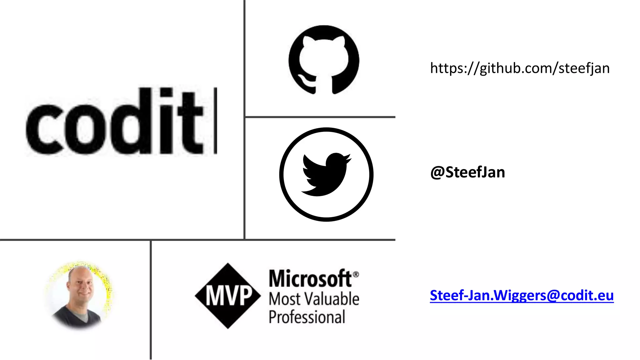 @SteefJan
https://github.com/steefjan
Steef-Jan.Wiggers@codit.eu
 