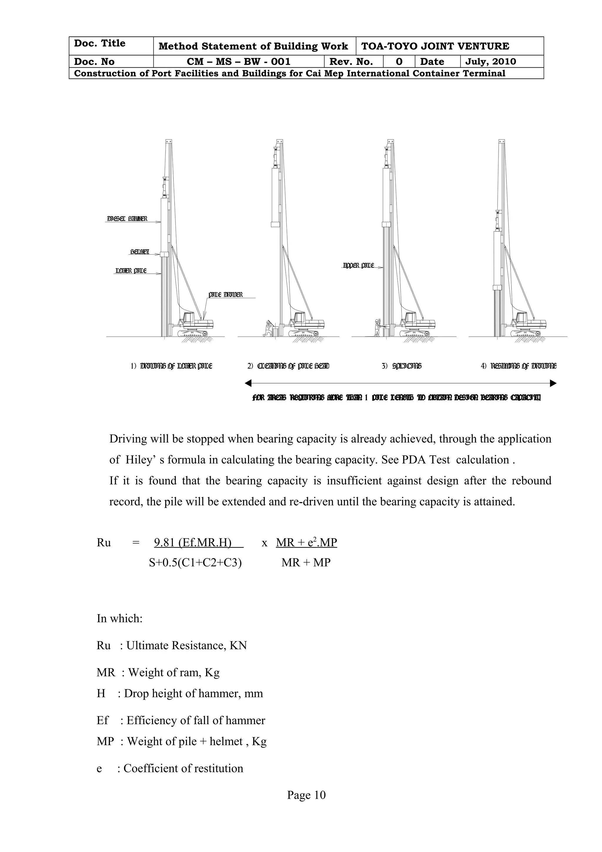 Doc. Title Method Statement of Building Work TOA-TOYO JOINT VENTURE 
Doc. No CM – MS – BW - 001 Rev. No. 0 Date July, 2010 
Construction of Port Facilities and Buildings for Cai Mep International Container Terminal 
UPPER PILE 
Driving will be stopped when bearing capacity is already achieved, through the application 
of Hiley’ s formula in calculating the bearing capacity. See PDA Test calculation . 
If it is found that the bearing capacity is insufficient against design after the rebound 
record, the pile will be extended and re-driven until the bearing capacity is attained. 
Ru = 9.81 (Ef.MR.H) x MR + e 2 .MP 
S+0.5(C1+C2+C3) MR + MP 
In which: 
Ru : Ultimate Resistance, KN 
MR : Weight of ram, Kg 
H : Drop height of hammer, mm 
Ef : Efficiency of fall of hammer 
MP : Weight of pile + helmet , Kg 
e : Coefficient of restitution 
Page 10 
PILE DRIVER 
DIESEL HAMMER 
HELMET 
LOWER PILE 
1) DRIVING OF LOWER PILE 2) CLEANING OF PILE HEAD 3) SPLICING 4) RESUMING OF DRIVING 
FOR AREAS REQUIRING MORE THAN 1 PILE LENGTH TO OBTAIN DESIGN BEARING CAPACITY 
 