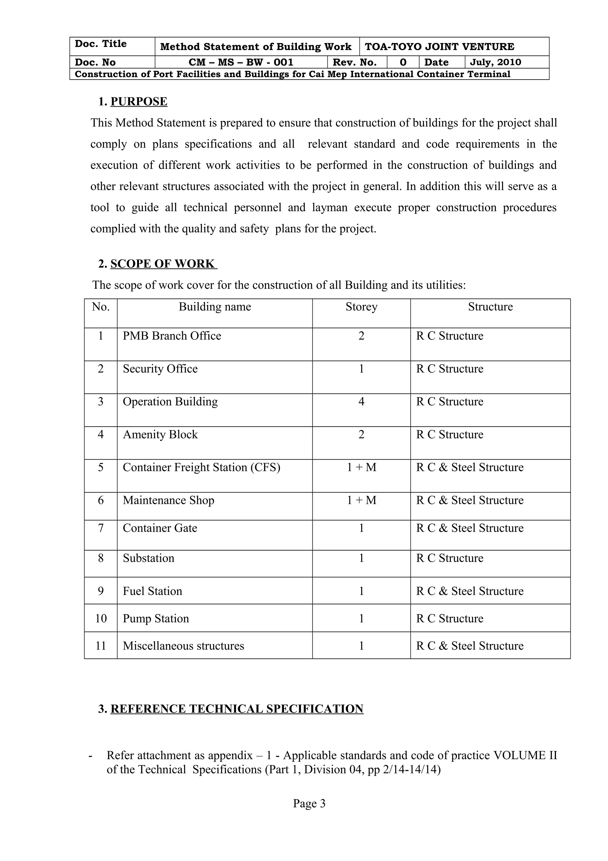 Doc. Title Method Statement of Building Work TOA-TOYO JOINT VENTURE 
Doc. No CM – MS – BW - 001 Rev. No. 0 Date July, 2010 
Construction of Port Facilities and Buildings for Cai Mep International Container Terminal 
1. PURPOSE 
This Method Statement is prepared to ensure that construction of buildings for the project shall 
comply on plans specifications and all relevant standard and code requirements in the 
execution of different work activities to be performed in the construction of buildings and 
other relevant structures associated with the project in general. In addition this will serve as a 
tool to guide all technical personnel and layman execute proper construction procedures 
complied with the quality and safety plans for the project. 
2. SCOPE OF WORK 
The scope of work cover for the construction of all Building and its utilities: 
No. Building name Storey Structure 
1 PMB Branch Office 2 R C Structure 
2 Security Office 1 R C Structure 
3 Operation Building 4 R C Structure 
4 Amenity Block 2 R C Structure 
5 Container Freight Station (CFS) 1 + M R C & Steel Structure 
6 Maintenance Shop 1 + M R C & Steel Structure 
7 Container Gate 1 R C & Steel Structure 
8 Substation 1 R C Structure 
9 Fuel Station 1 R C & Steel Structure 
10 Pump Station 1 R C Structure 
11 Miscellaneous structures 1 R C & Steel Structure 
3. REFERENCE TECHNICAL SPECIFICATION 
- Refer attachment as appendix – 1 - Applicable standards and code of practice VOLUME II 
of the Technical Specifications (Part 1, Division 04, pp 2/14-14/14) 
Page 3 
 