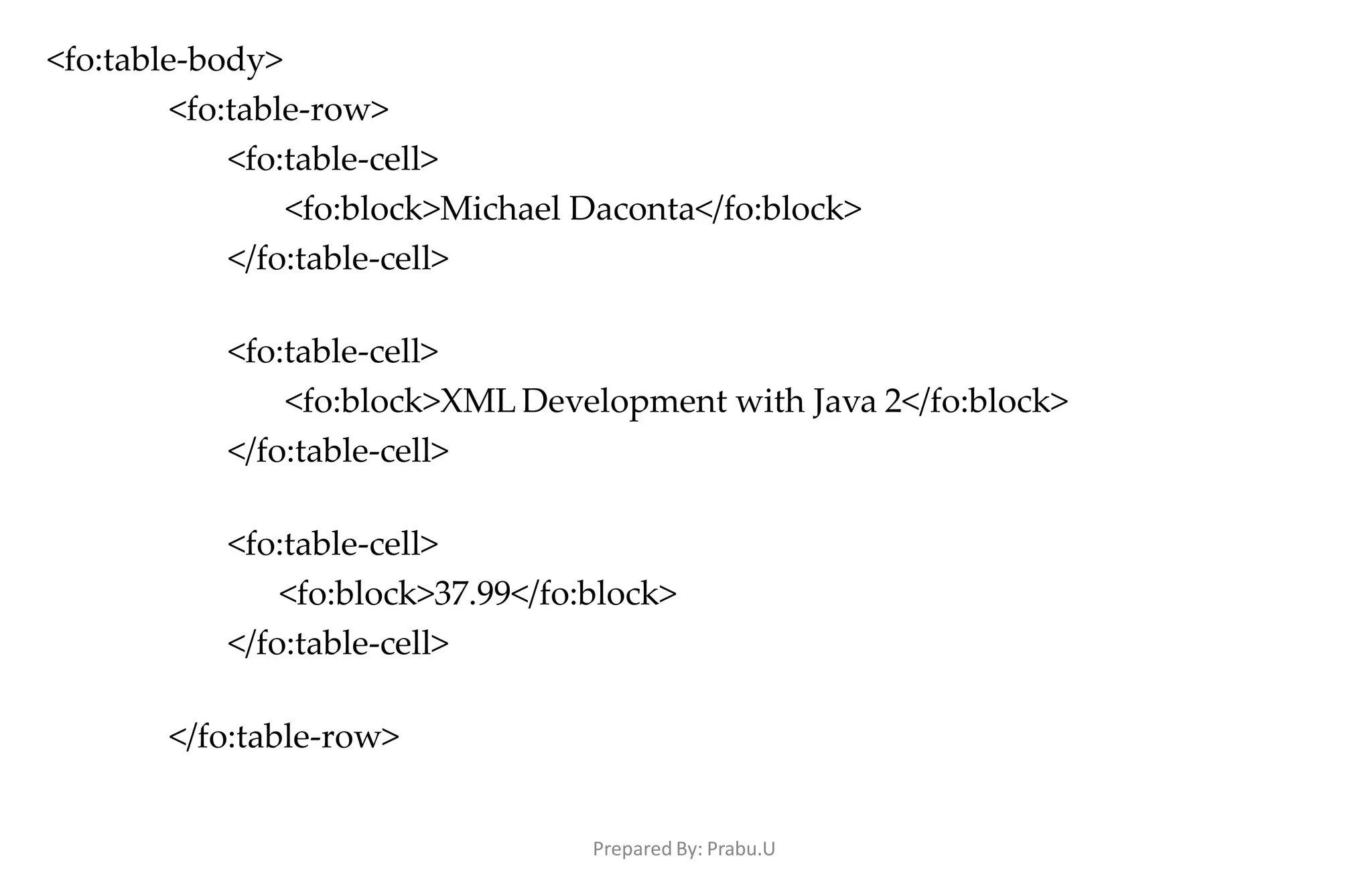 Prepared By: Prabu.U
<fo:table-body>
<fo:table-row>
<fo:table-cell>
<fo:block>Michael Daconta</fo:block>
</fo:table-cell>
<fo:table-cell>
<fo:block>XML Development with Java 2</fo:block>
</fo:table-cell>
<fo:table-cell>
<fo:block>37.99</fo:block>
</fo:table-cell>
</fo:table-row>
 