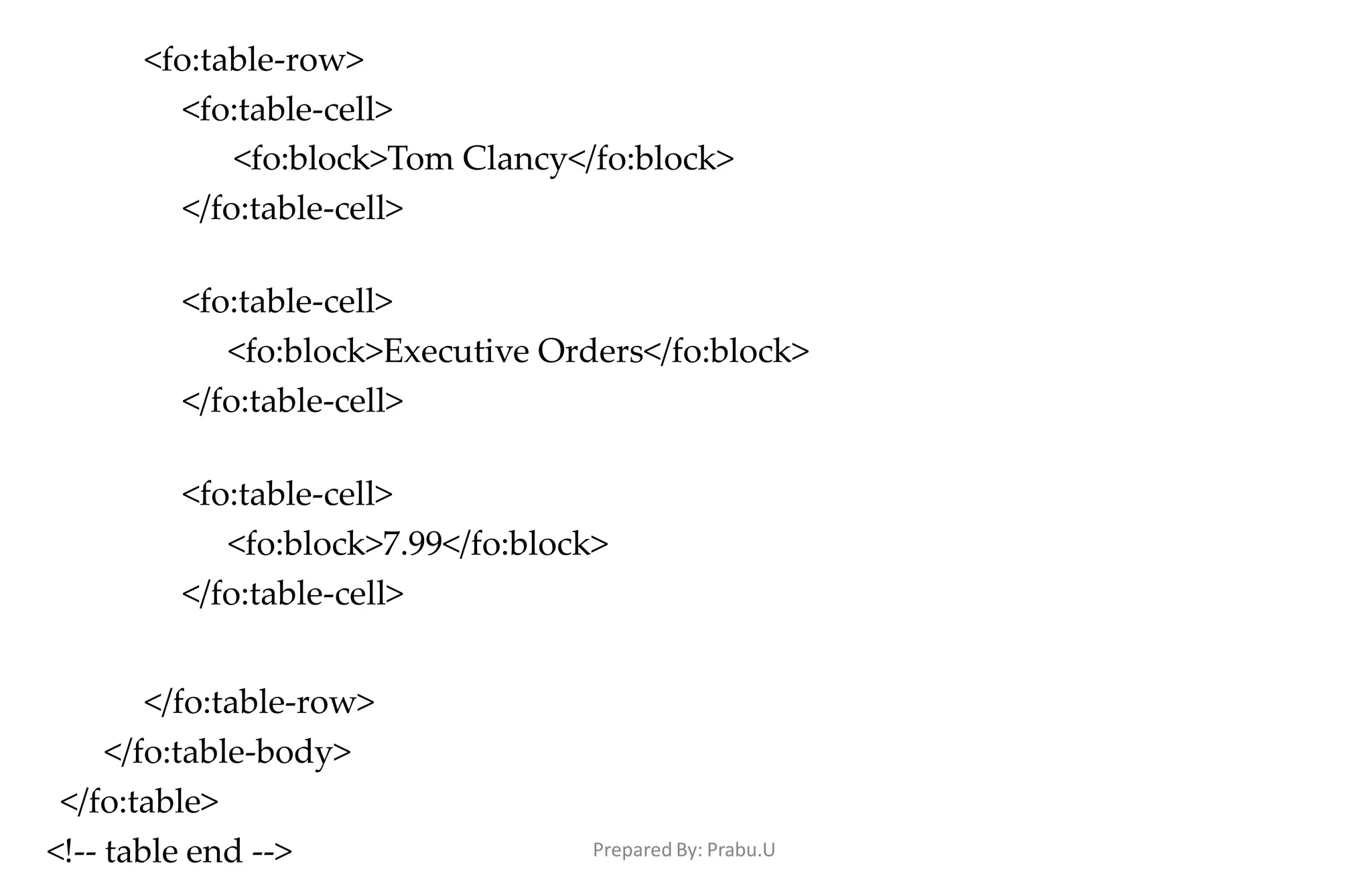<fo:table-row>
<fo:table-cell>
<fo:block>Tom Clancy</fo:block>
</fo:table-cell>
<fo:table-cell>
<fo:block>Executive Orders</fo:block>
</fo:table-cell>
<fo:table-cell>
<fo:block>7.99</fo:block>
</fo:table-cell>
</fo:table-row>
</fo:table-body>
</fo:table>
<!-- table end --> Prepared By: Prabu.U
 