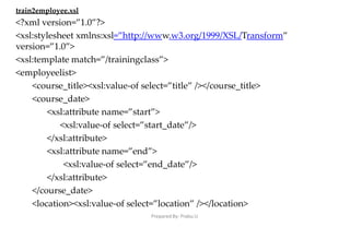 Prepared By: Prabu.U
train2employee.xsl
<?xml version=”1.0”?>
<xsl:stylesheet xmlns:xsl=”http://www.w3.org/1999/XSL/Transform”
version=”1.0”>
<xsl:template match=”/trainingclass”>
<employeelist>
<course_title><xsl:value-of select=”title” /></course_title>
<course_date>
<xsl:attribute name=”start”>
<xsl:value-of select=”start_date”/>
</xsl:attribute>
<xsl:attribute name=”end”>
<xsl:value-of select=”end_date”/>
</xsl:attribute>
</course_date>
<location><xsl:value-of select=”location” /></location>
 