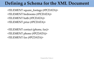 <!ELEMENT square_footage (#PCDATA)>
<!ELEMENT bedrooms (#PCDATA)>
<!ELEMENT bath (#PCDATA)>
<!ELEMENT price (#PCDATA)>
<!ELEMENT contact (phone, fax)>
<!ELEMENT phone (#PCDATA)>
<!ELEMENT fax (#PCDATA)>
Defining a Schema for the XML Document
Prepared By: Prabu.U
 