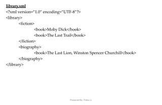 Prepared By: Prabu.U
library.xml
<?xml version=”1.0” encoding=”UTF-8”?>
<library>
<fiction>
<book>Moby Dick</book>
<book>The Last Trail</book>
</fiction>
<biography>
<book>The Last Lion, Winston Spencer Churchill</book>
</biography>
</library>
 