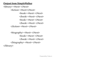 Prepared By: Prabu.U
Output from SimpleWalker
<library> <#text> </#text>
<fiction> <#text></#text>
<book> <#text> </#text>
</book> <#text> </#text>
<book> <#text> </#text>
</book> <#text> </#text>
</fiction> <#text> </#text>
<biography> <#text> </#text>
<book> <#text> </#text>
</book> <#text> </#text>
</biography> <#text> </#text>
</library>
 