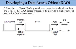 Developing a Data Access Object (DAO)
A Data Access Object (DAO) provides access to the backend database.
The goal of the DAO design pattern is to provide a higher level of
abstraction for database access.
Prepared By: Prabu.U
 