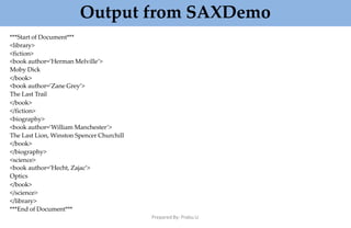 Output from SAXDemo
Prepared By: Prabu.U
***Start of Document***
<library>
<fiction>
<book author=’Herman Melville’>
Moby Dick
</book>
<book author=’Zane Grey’>
The Last Trail
</book>
</fiction>
<biography>
<book author=’William Manchester’>
The Last Lion, Winston Spencer Churchill
</book>
</biography>
<science>
<book author=’Hecht, Zajac’>
Optics
</book>
</science>
</library>
***End of Document***
 