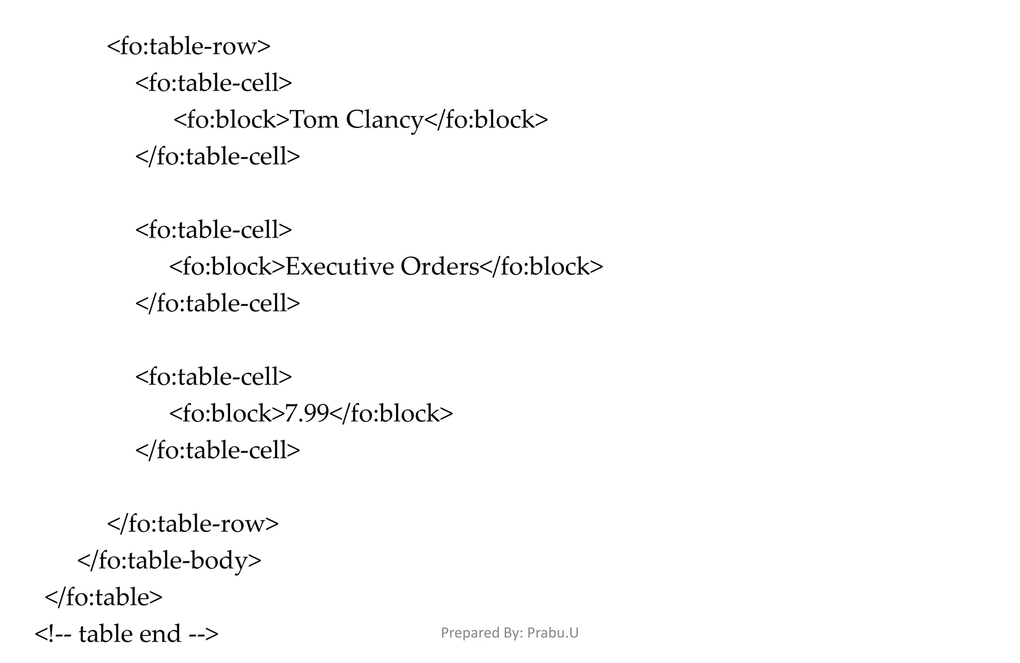 <fo:table-row> <fo:table-cell> <fo:block>Tom Clancy</fo:block> </fo:table-cell> <fo:table-cell> <fo:block>Executive Orders</fo:block> </fo:table-cell> <fo:table-cell> <fo:block>7.99</fo:block> </fo:table-cell> </fo:table-row> </fo:table-body> </fo:table> <!-- table end --> Prepared By: Prabu.U 