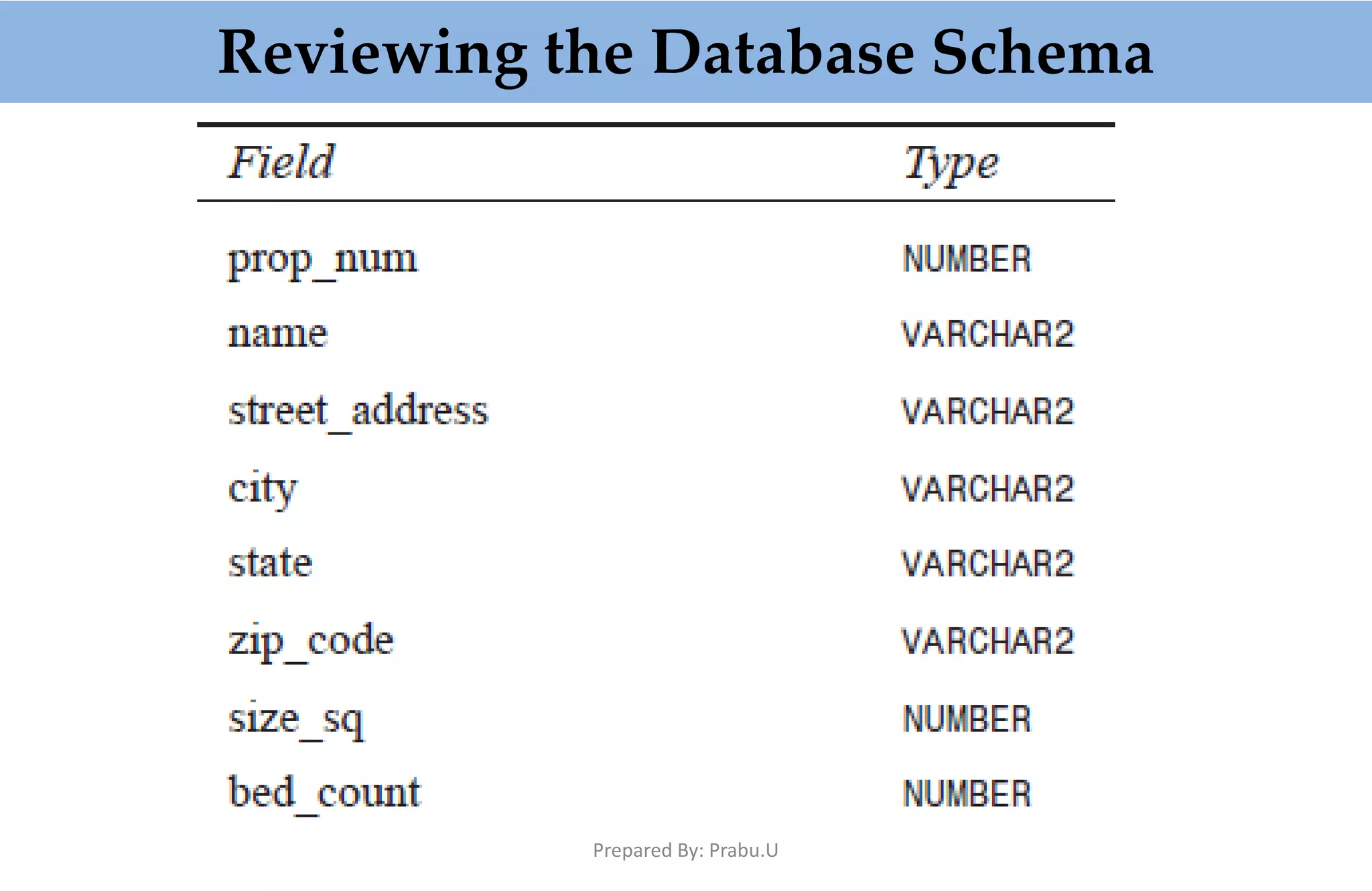 Reviewing the Database Schema Prepared By: Prabu.U 