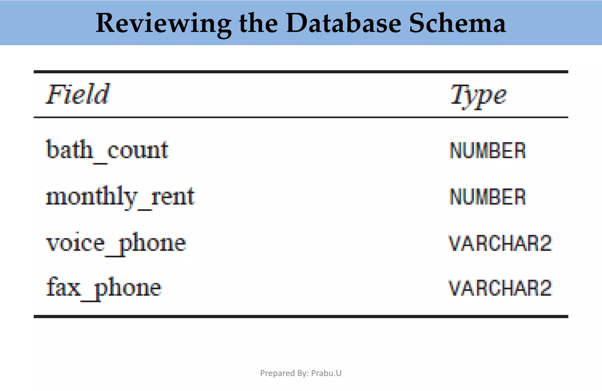 Reviewing the Database Schema Prepared By: Prabu.U 