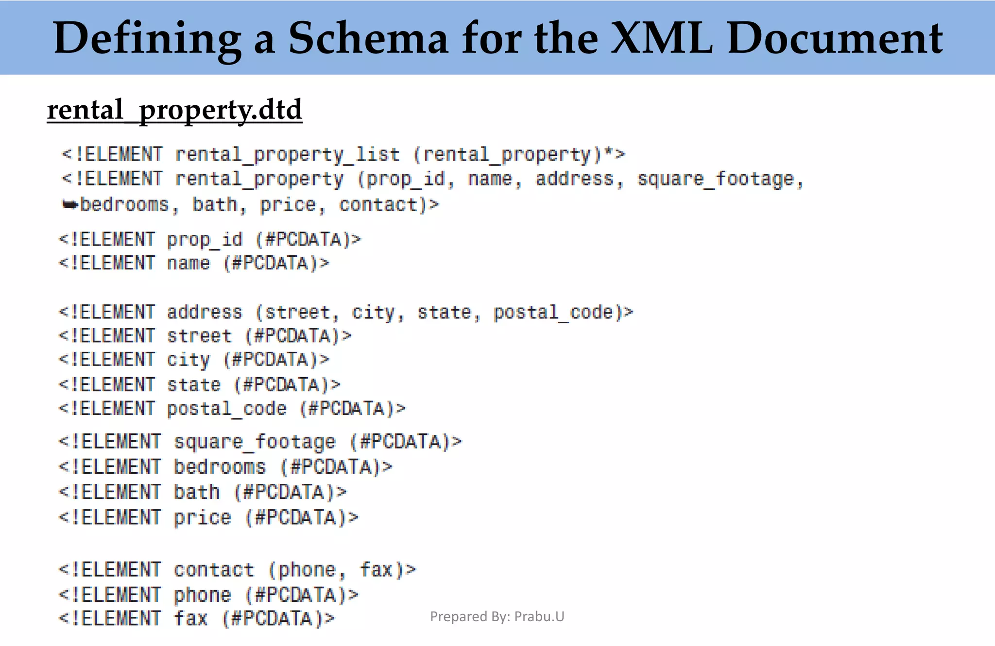 Defining a Schema for the XML Document rental_property.dtd Prepared By: Prabu.U 