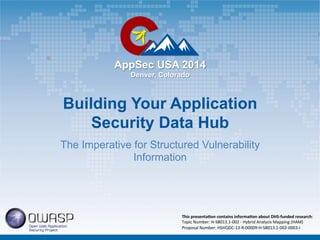 AppSec USA 2014 
Denver, Colorado 
Building Your Application 
Security Data Hub 
The Imperative for Structured Vulnerability 
Information 
This 
presenta,on 
contains 
informa,on 
about 
DHS-­‐funded 
research: 
Topic 
Number: 
H-­‐SB013.1-­‐002 
-­‐ 
Hybrid 
Analysis 
Mapping 
(HAM) 
Proposal 
Number: 
HSHQDC-­‐13-­‐R-­‐00009-­‐H-­‐SB013.1-­‐002-­‐0003-­‐I 
 