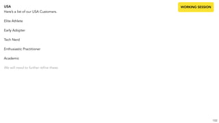 USA
Here’s a list of our USA Customers.
Elite Athlete
Early Adopter
Tech Nerd
Enthusiastic Practitioner
Academic
We will need to further refine these.
102
WORKING SESSION
 